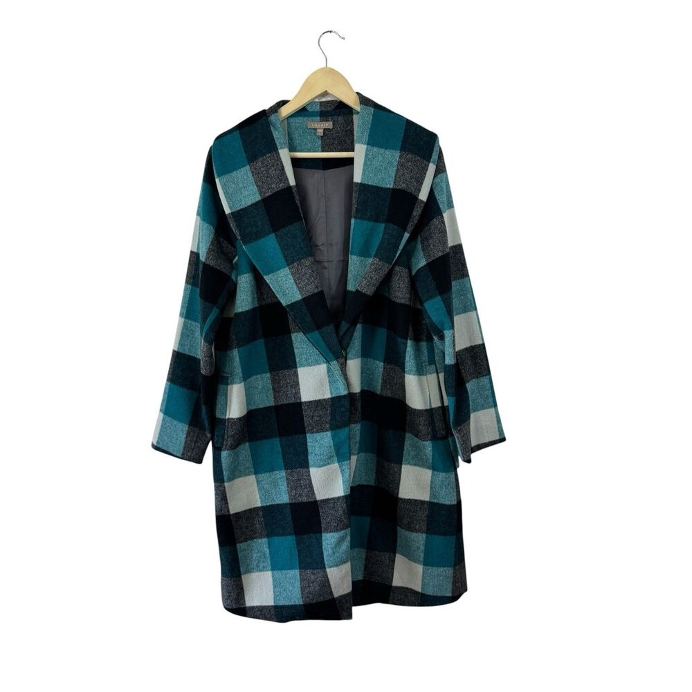 Lilla P Large Shawl Collar Coat Plaid Wool Blend Dressy Plaid Long Jacket Womens